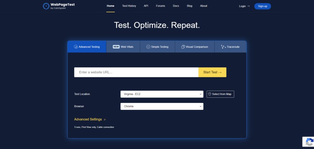 Oberfläche des Tools WebPageTest
