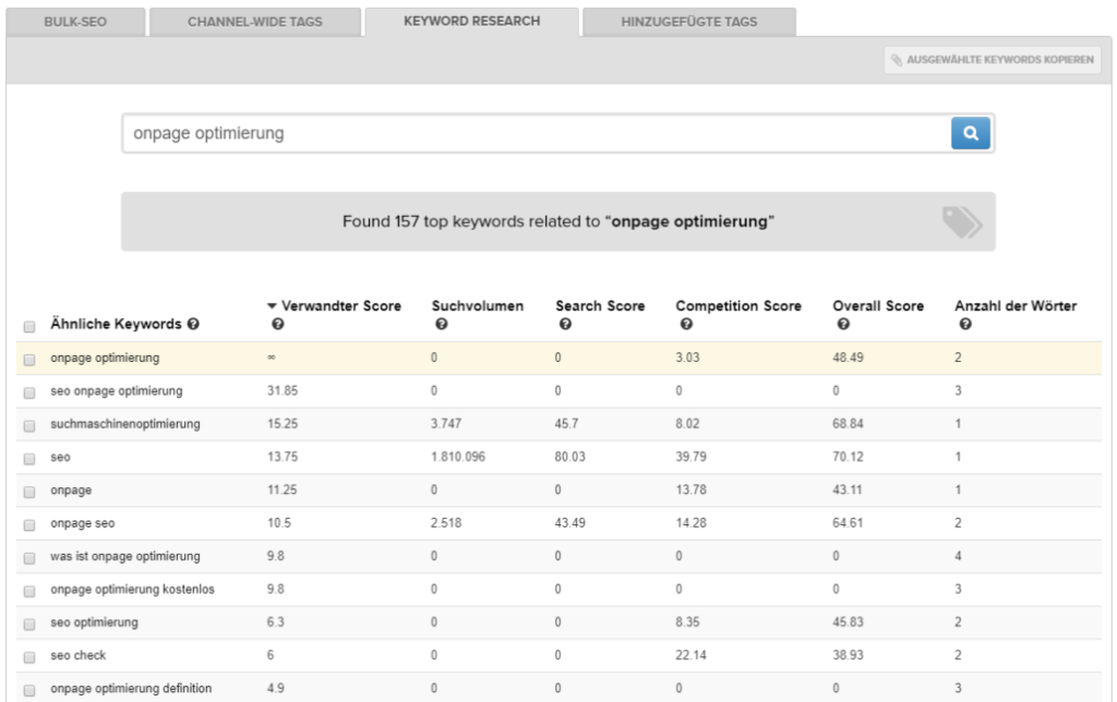 Screenshot von der Vidiq youtube Keyword Recherche