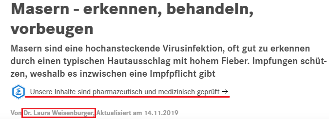 YMYL-Beispiel: Beitrag zu Masern auf apotheken-umschau.de