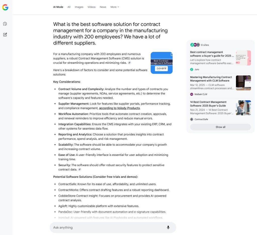Google AI Mode Recherche nach Vertragssoftware