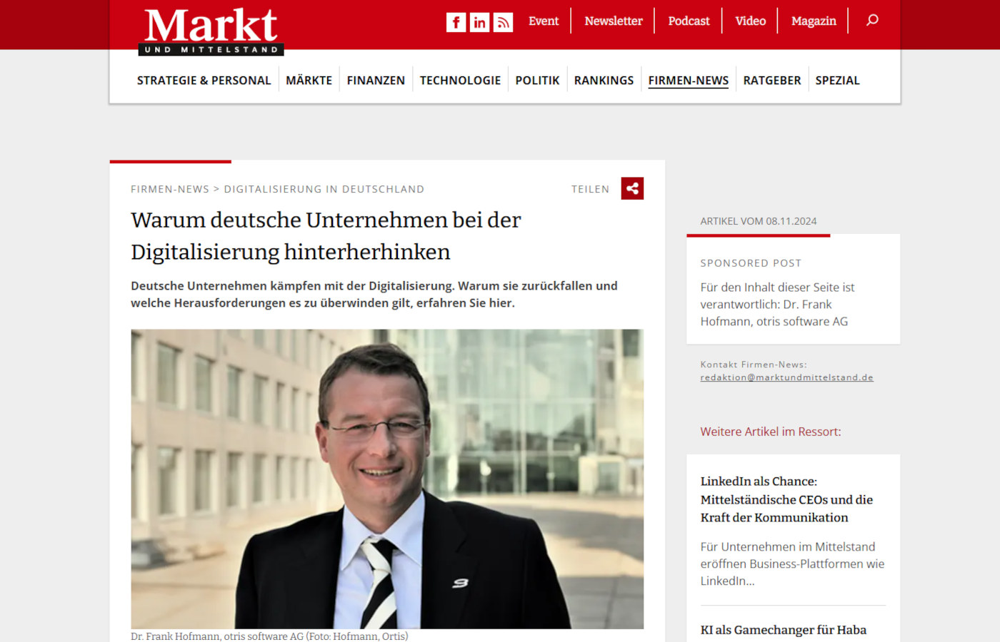 Beitrag im Magazin Markt und Mittelstand